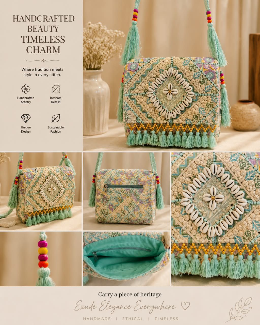 Mint Mirror-Work Boho Sling Bag