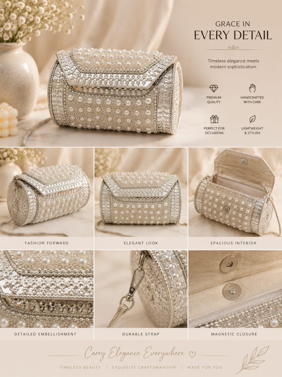 Pearl Embellished Evening Clutch