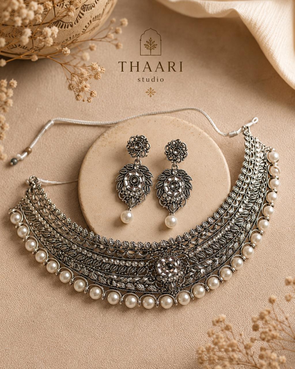 Pearl Fringe Oxidised Choker Set